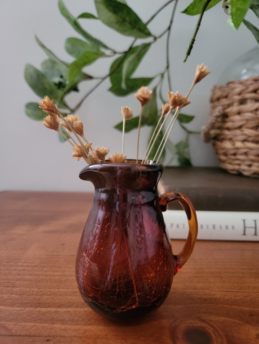 Vintage Amber Blown Crackle Art Glass Small Creamer Pitcher Jug Applied Handle